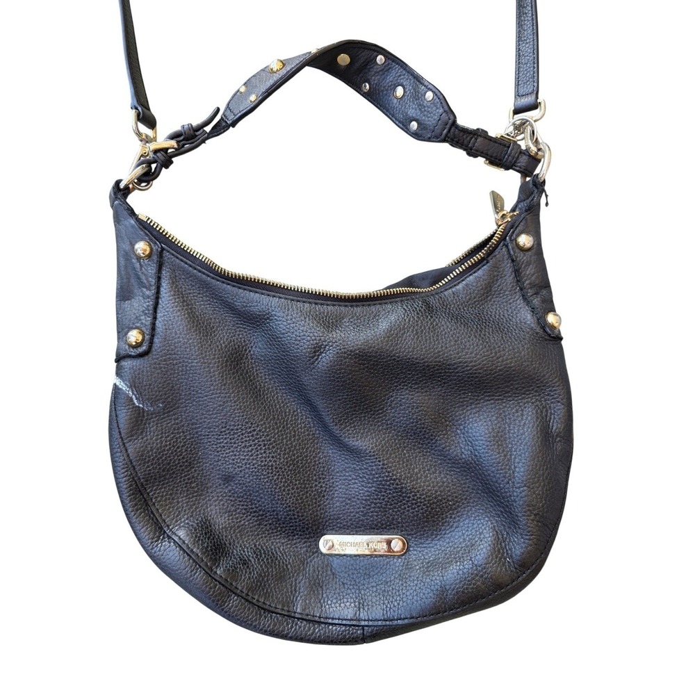 Michael Kors Black Pebbled Leather Studded Hobo Crossbody Bag Gold K3 - Picture 3 of 16